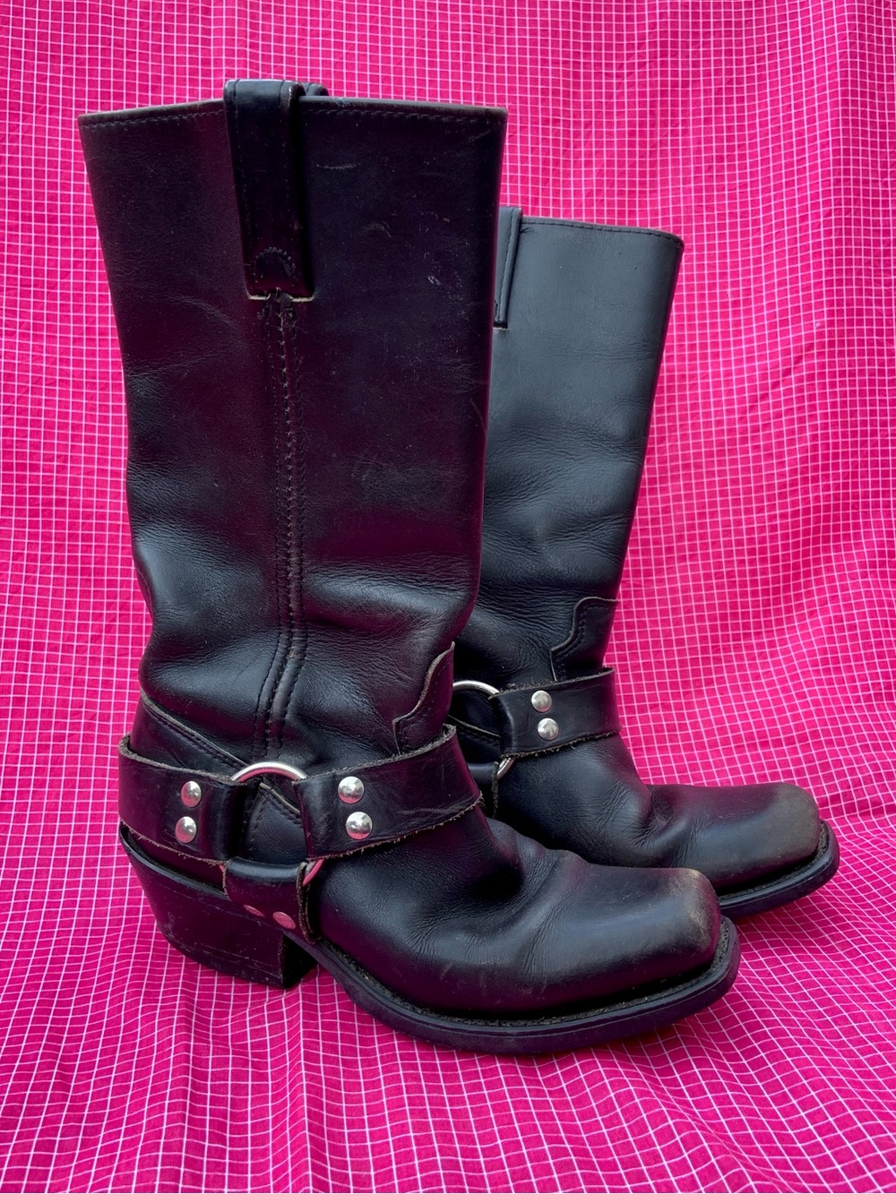 Tall Black Leather Harness Motorcycle Boots Cowboy Style - Size 5/6US Women’s